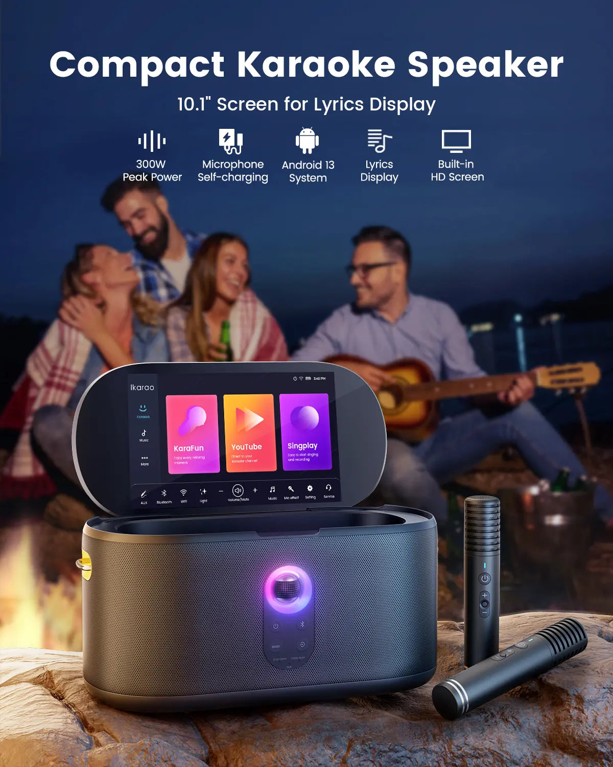 Ikarao Shell S1 Portable KTV Karaoke Machine - Audio Bluetooth Speaker with Lyrics Display Screen, Karafun Prime, EQ, Autotune, TV Connectivity, 2 Self-Charging Wireless Microphones for Adults Kids Home Use