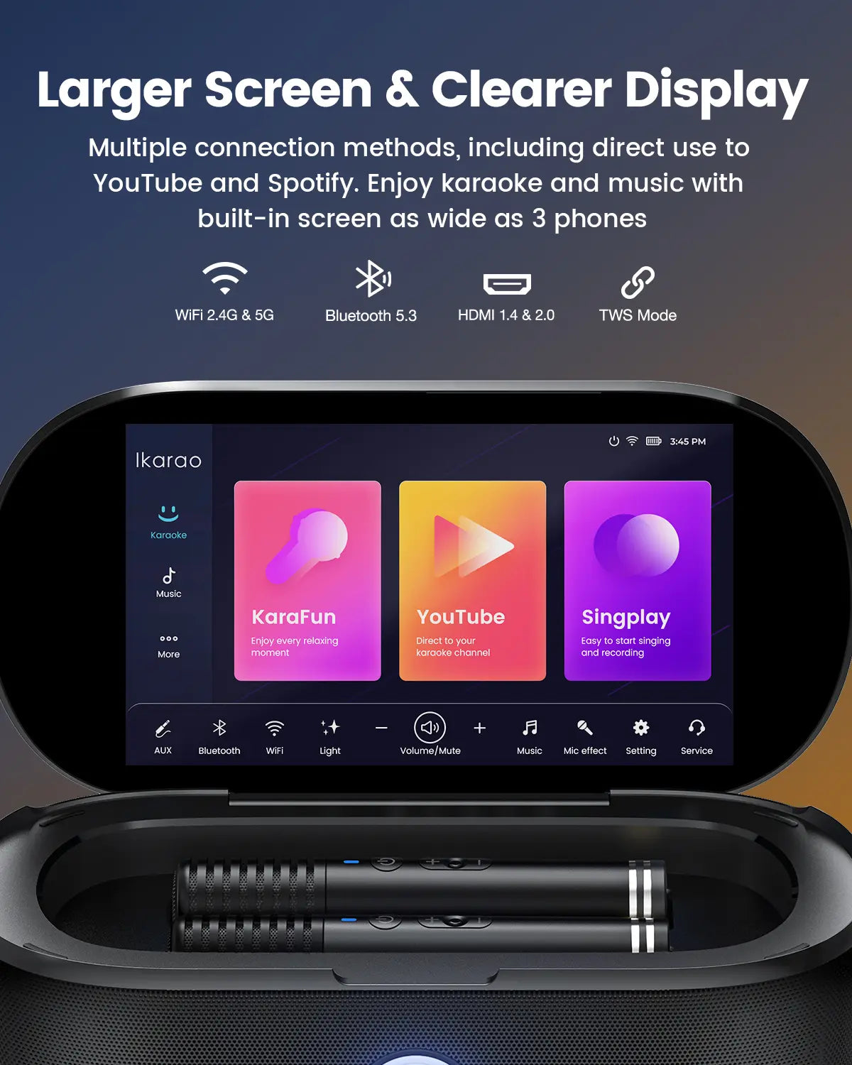 Ikarao Shell S1 Portable KTV Karaoke Machine - Audio Bluetooth Speaker with Lyrics Display Screen, Karafun Prime, EQ, Autotune, TV Connectivity, 2 Self-Charging Wireless Microphones for Adults Kids Home Use