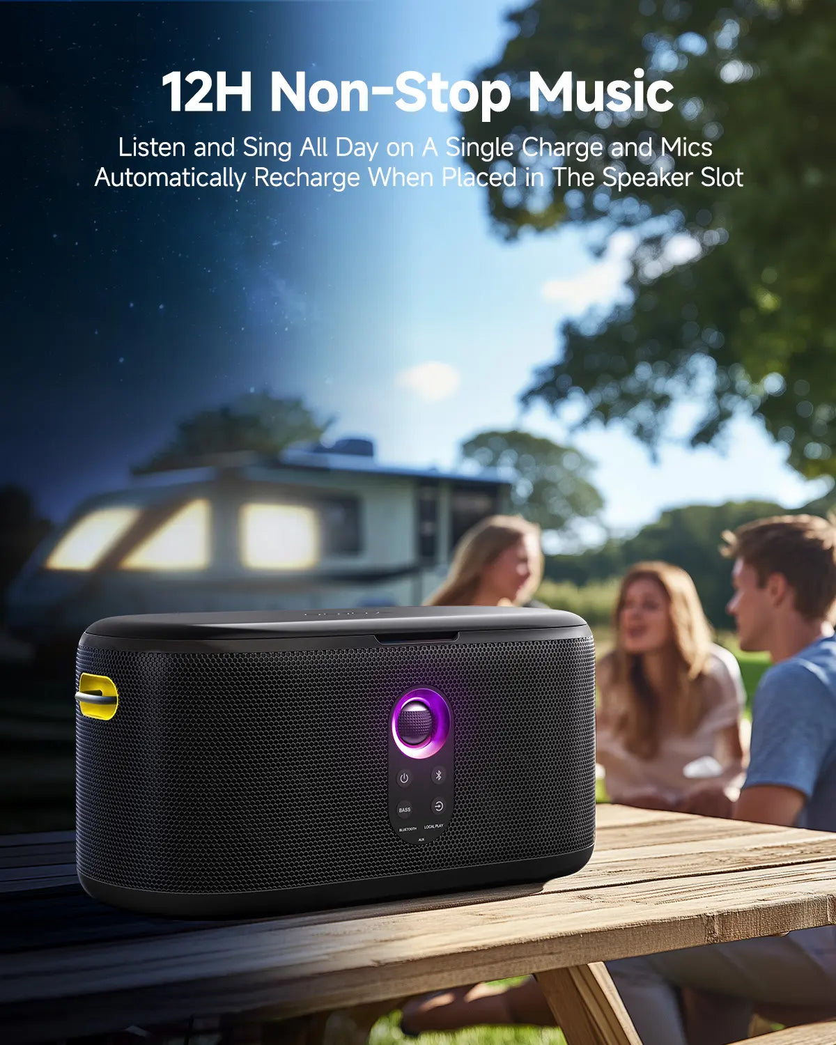 Ikarao Shell S1 Portable KTV Karaoke Machine - Audio Bluetooth Speaker with Lyrics Display Screen, Karafun Prime, EQ, Autotune, TV Connectivity, 2 Self-Charging Wireless Microphones for Adults Kids Home Use