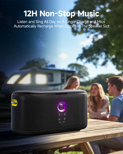 Ikarao Shell S1 Portable KTV Karaoke Machine - Audio Bluetooth Speaker with Lyrics Display Screen, Karafun Prime, EQ, Autotune, TV Connectivity, 2 Self-Charging Wireless Microphones for Adults Kids Home Use