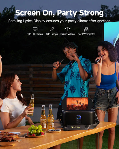 Ikarao Shell S1 Portable KTV Karaoke Machine - Audio Bluetooth Speaker with Lyrics Display Screen, Karafun Prime, EQ, Autotune, TV Connectivity, 2 Self-Charging Wireless Microphones for Adults Kids Home Use